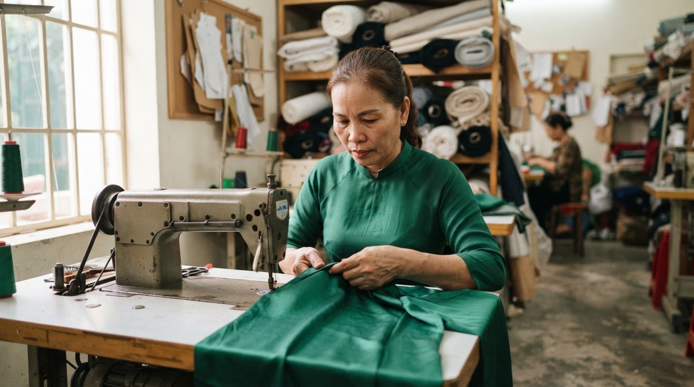 Người phụ nữ Việt Nam đang may áo dài truyền thống bằng vải