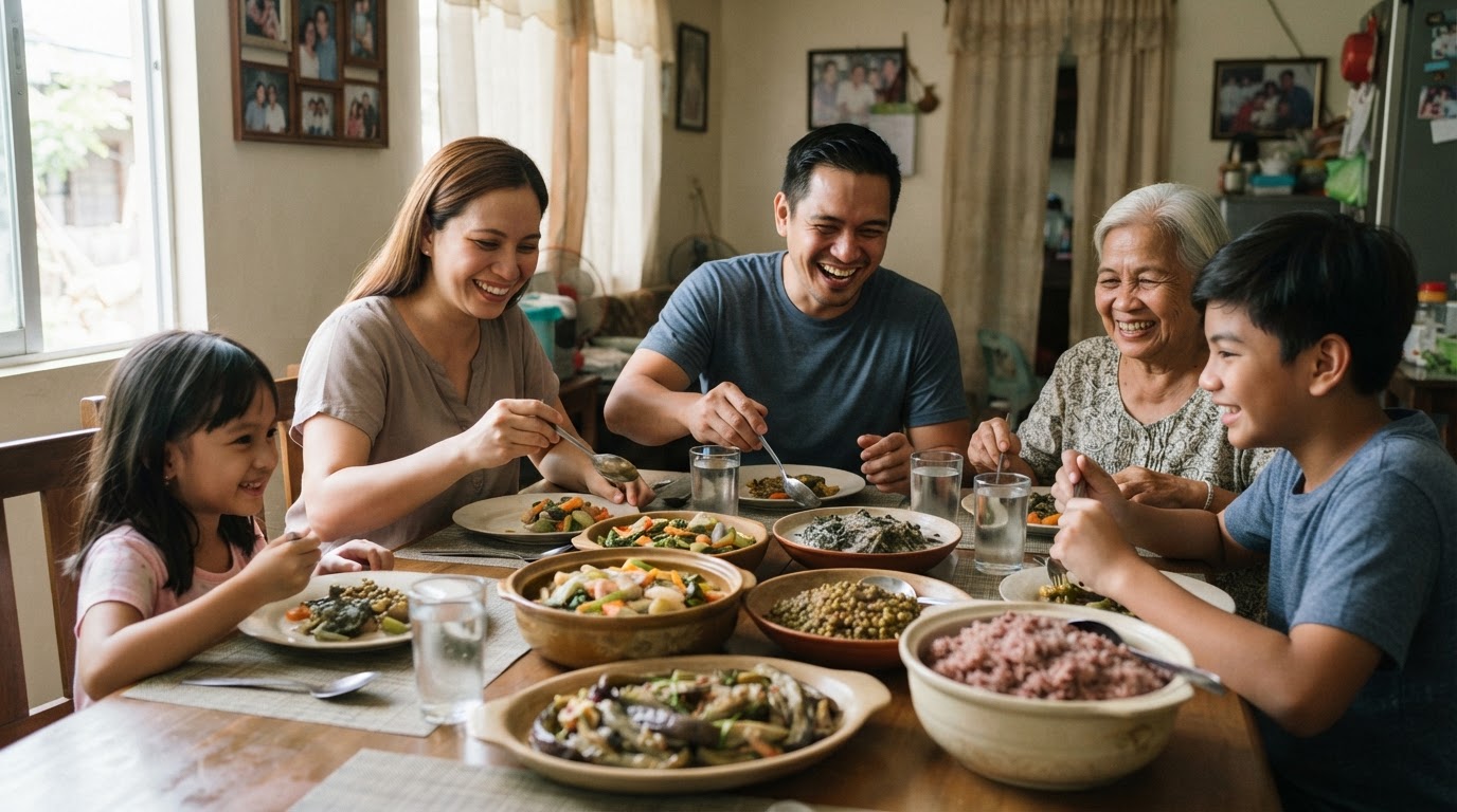 Isang pamilyang Pilipino na masayang kumakain sa kanilang mesa na puno ng mga putaheng gulay.