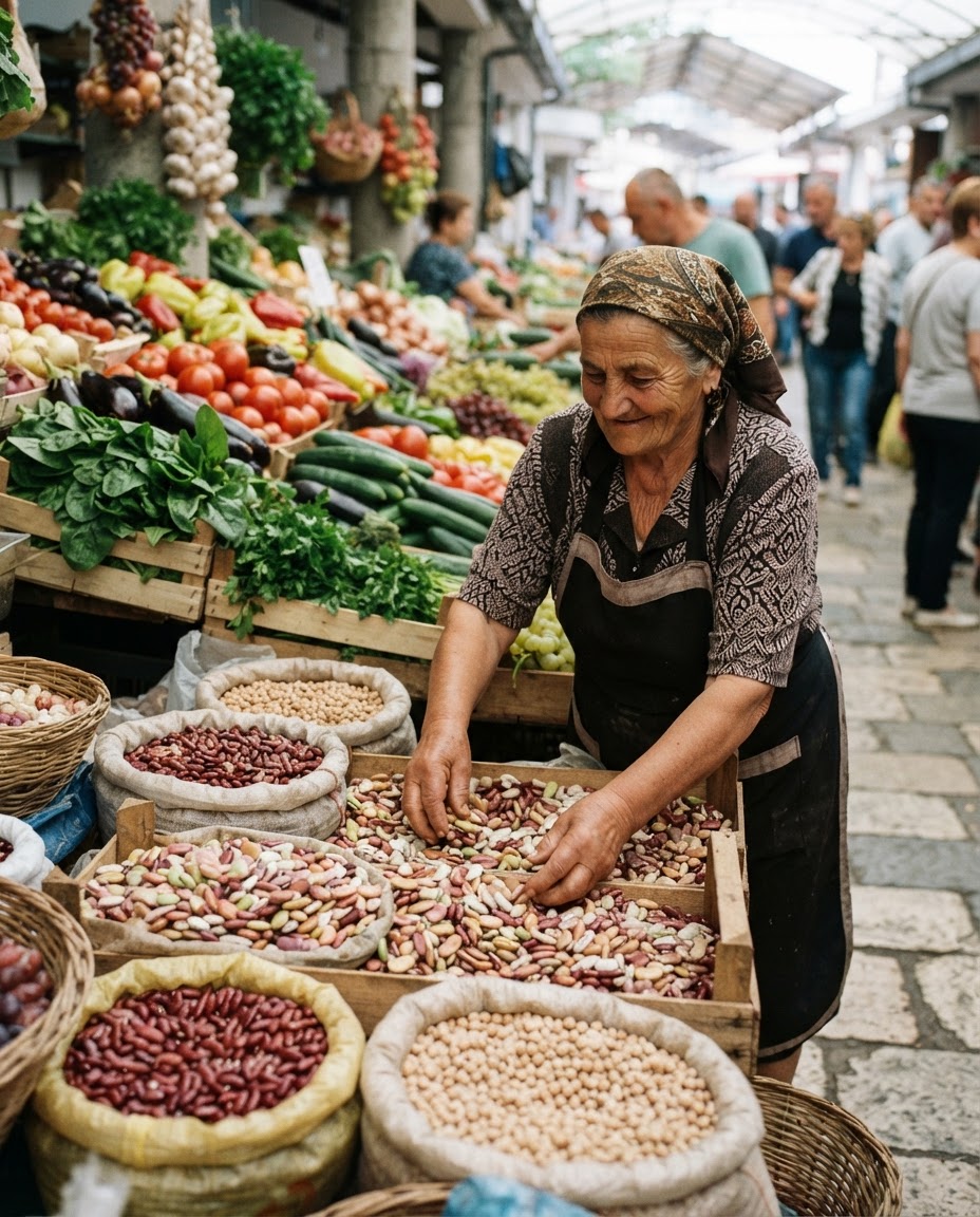 Tregjet lokale shqiptare ofrojnë bollëk perimesh, frutash dhe bishtajore, duke mbështetur një dietë të qëndrueshme.