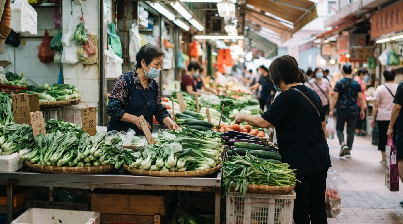 中国市场里售卖新鲜蔬菜的摊位