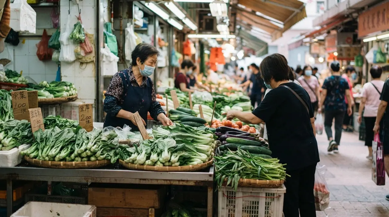 中国市场里售卖新鲜蔬菜的摊位