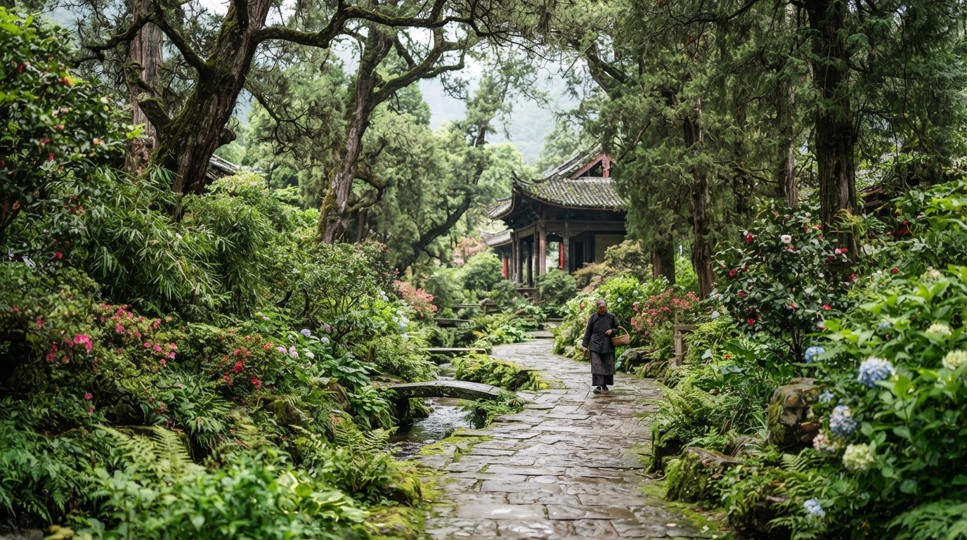 A serene garden with ancient trees and flowering plants, evoking a sense of peace and longevity.