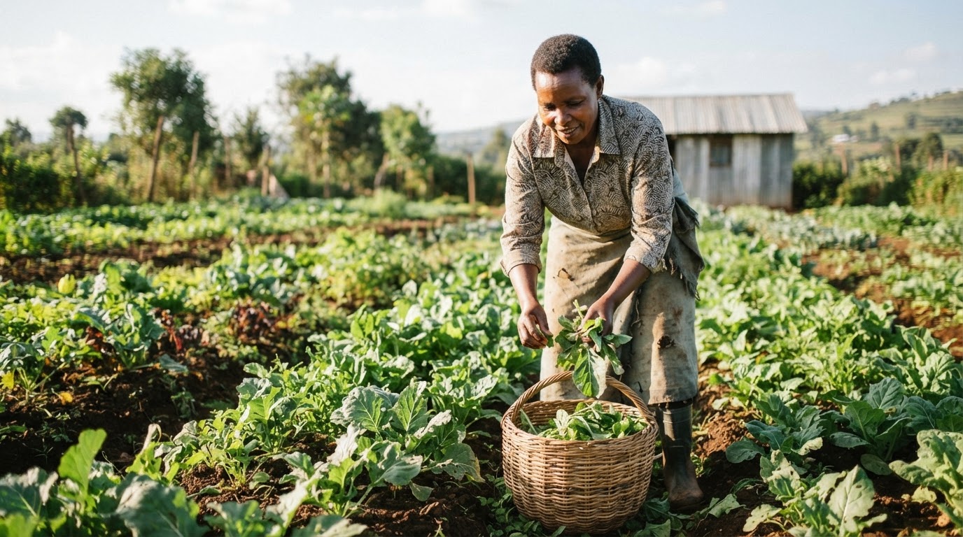 Mkulima wa Kenya akivuna mboga kutoka kwenye kilimo kidogo
