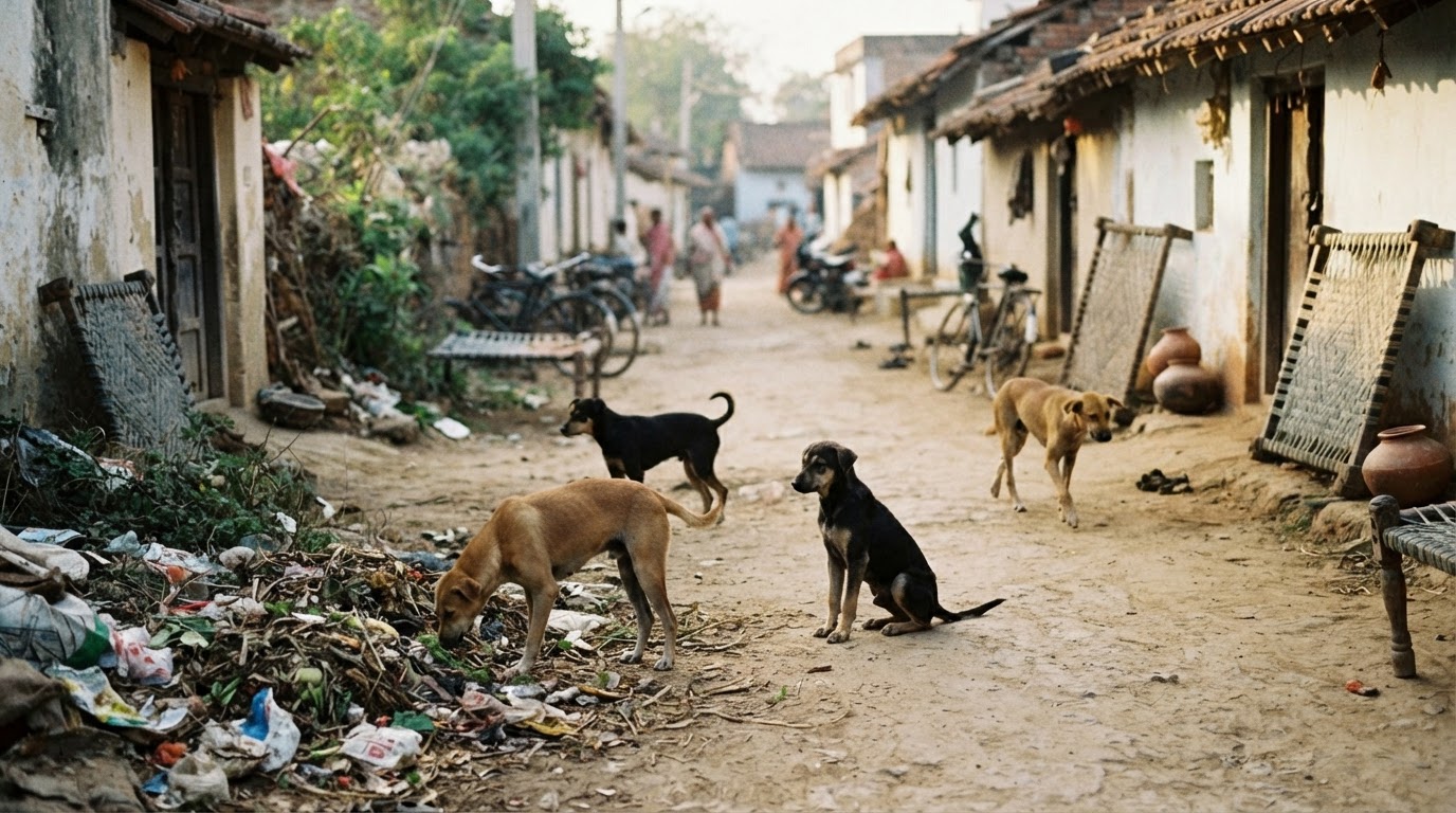 இந்திய கிராமத்து வீதியில் சுற்றித் திரியும் நாய்கள்