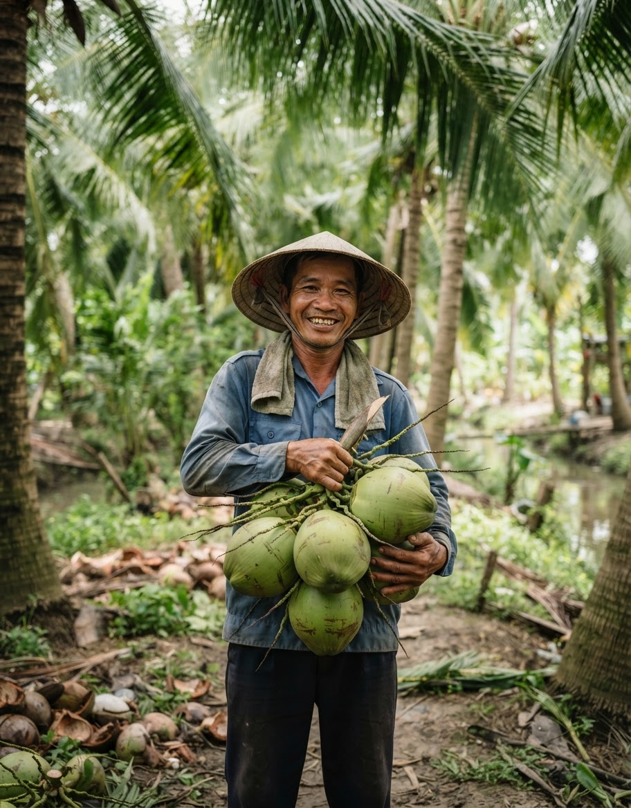 Một nông dân Bến Tre tươi cười cầm những quả dừa tươi trong khu vườn của mình.