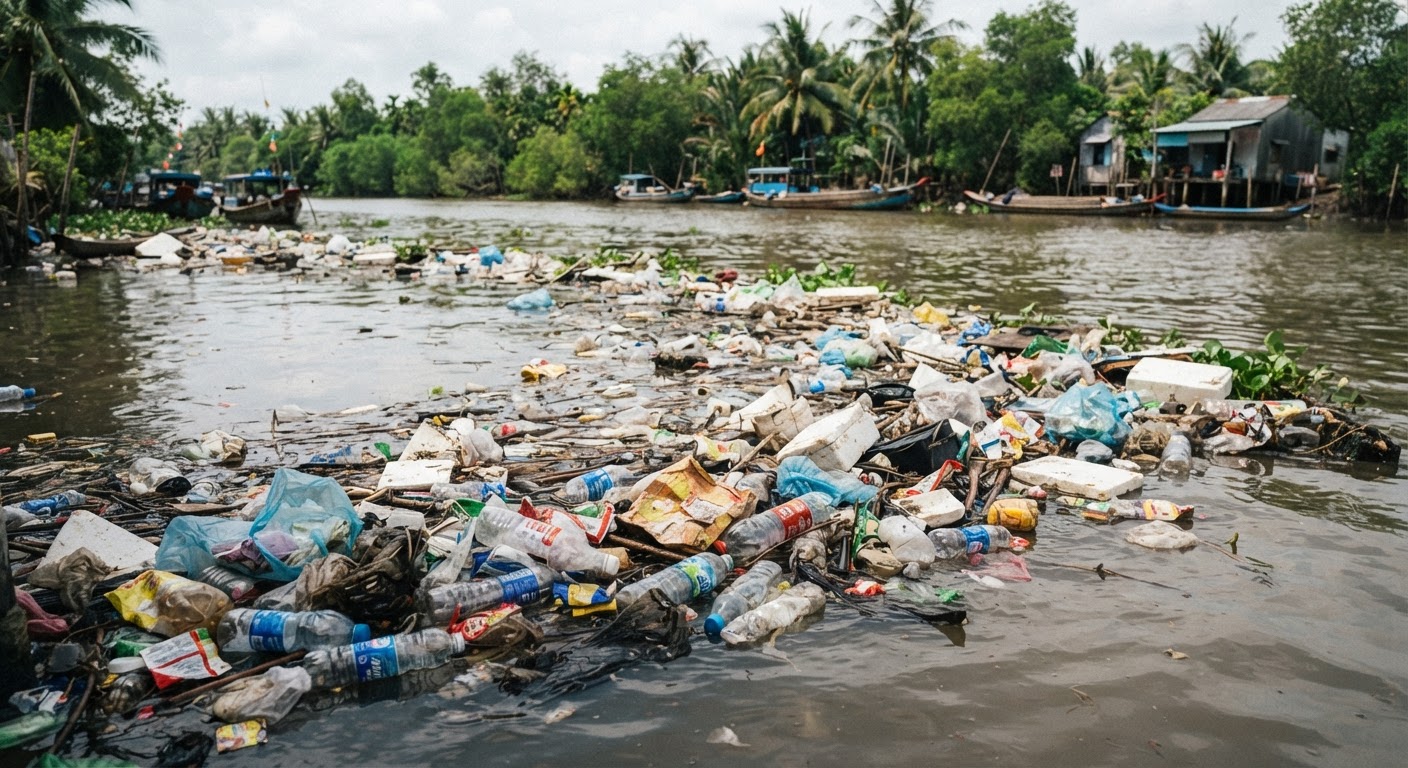 Rác thải nhựa trôi nổi trên sông Tiền, một nhánh của sông Mekong, gây ô nhiễm nghiêm trọng.
