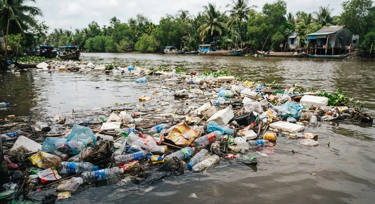 Rác thải nhựa trôi nổi trên sông Tiền, một nhánh của sông Mekong, gây ô nhiễm nghiêm trọng.