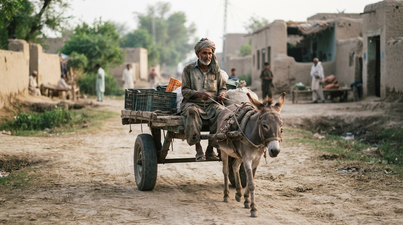 پاکستان کے ایک گاؤں میں گدھا گاڑی چلاتا ہوا ایک شخص