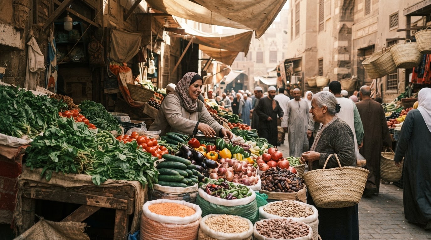سوق مصري تقليدي يعرض المنتجات المحلية الطازجة.