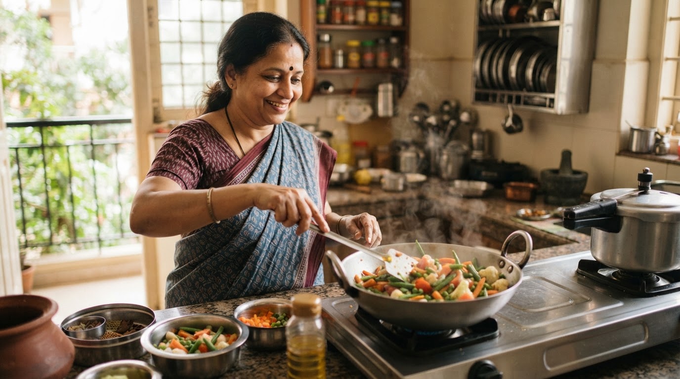 एक भारतीय महिला रसोई में सब्ज़ियाँ पका रही है