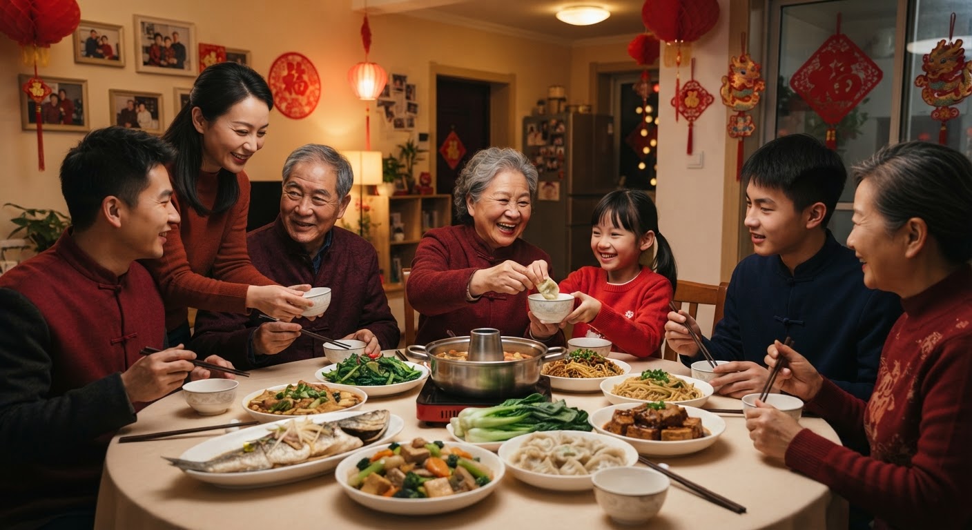 中国家庭在春节期间共享传统晚餐,强调家庭团聚的温馨时刻。