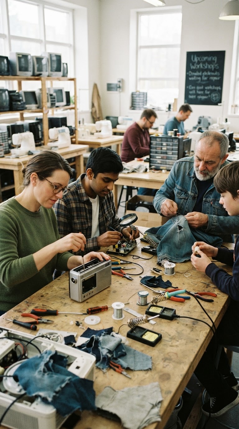 Diverse group of people gathered around a table, focused on repairing electronics and textiles in a bright, communal workshop space.