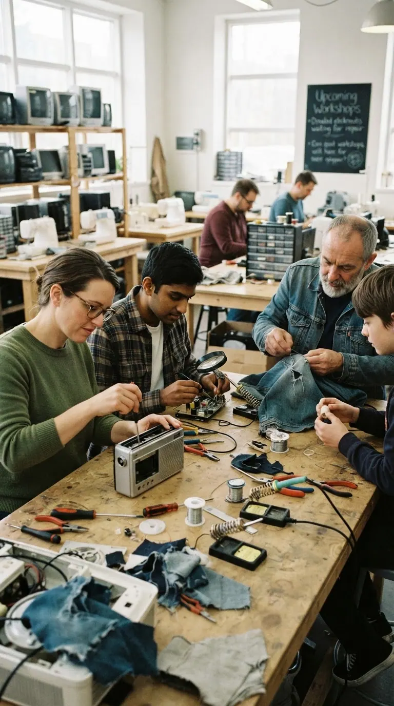 Diverse group of people gathered around a table, focused on repairing electronics and textiles in a bright, communal workshop space.