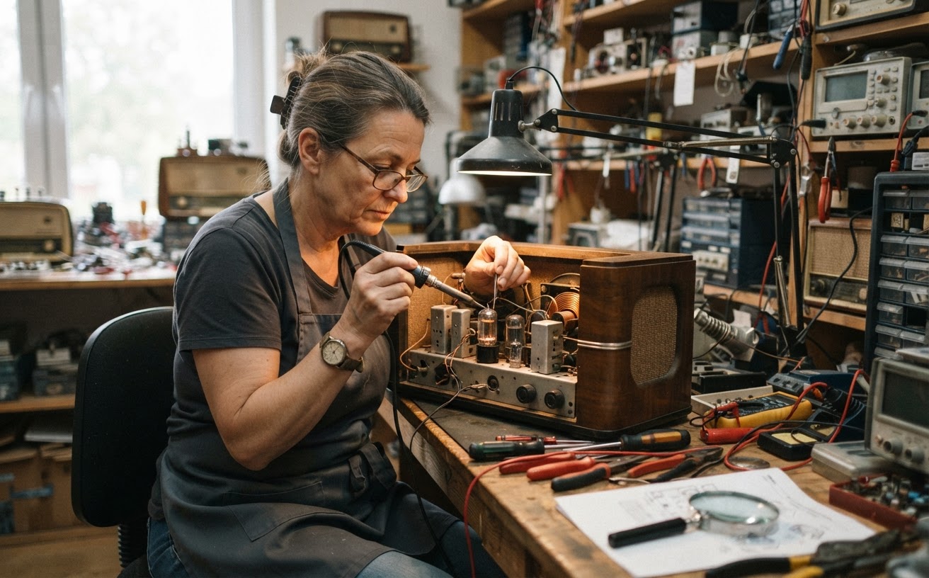 A skilled technician carefully repairs an antique radio, highlighting the intricate work involved in preserving older technologies.