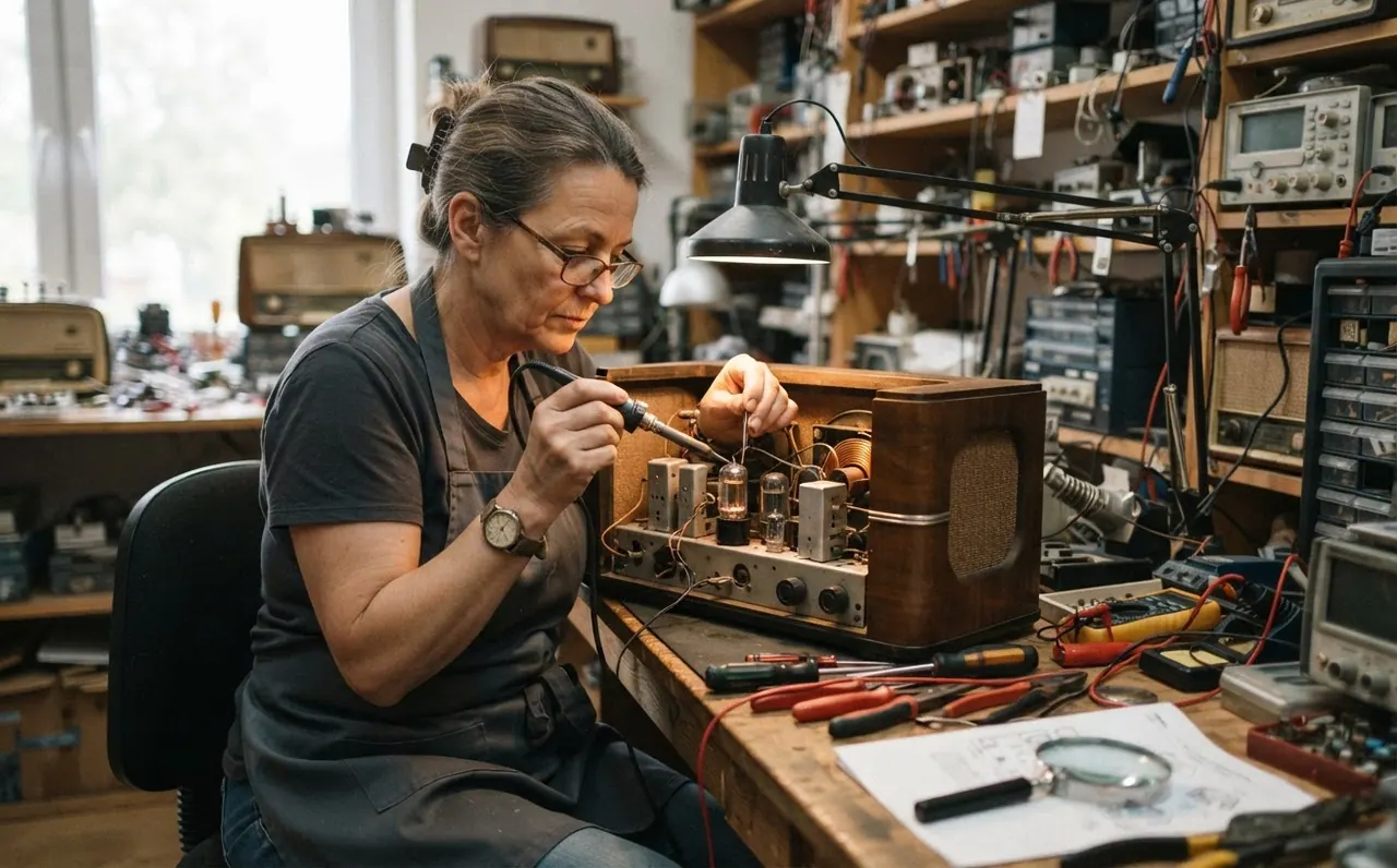 A skilled technician carefully repairs an antique radio, highlighting the intricate work involved in preserving older technologies.