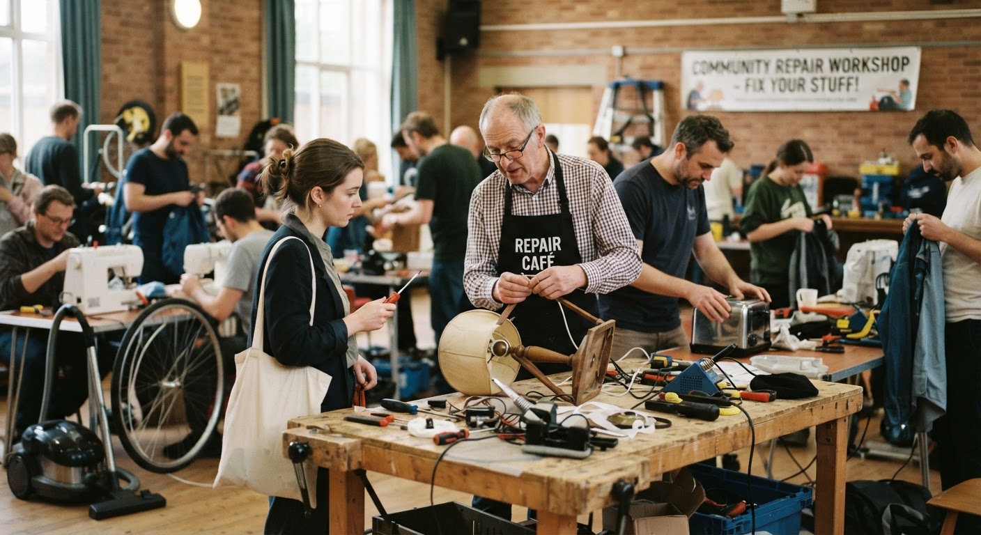 A bustling community repair workshop where volunteers assist attendees with fixing a variety of household items, fostering skill-sharing and sustainability.