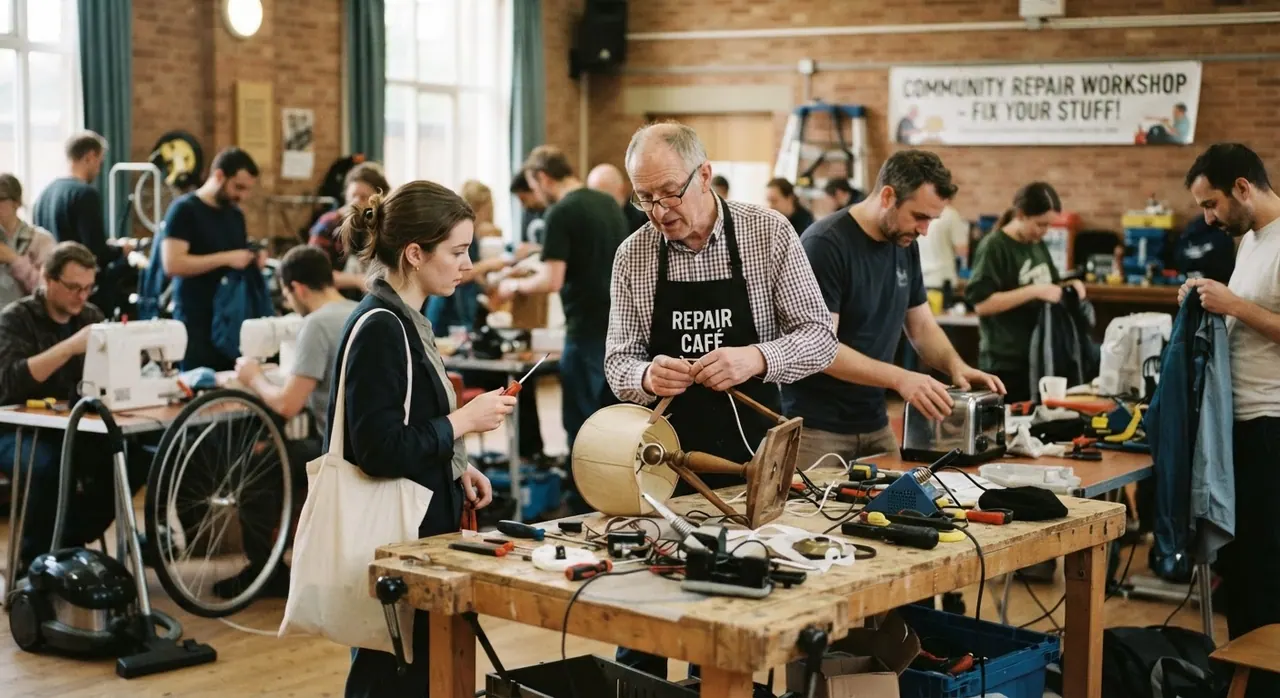 A bustling community repair workshop where volunteers assist attendees with fixing a variety of household items, fostering skill-sharing and sustainability.
