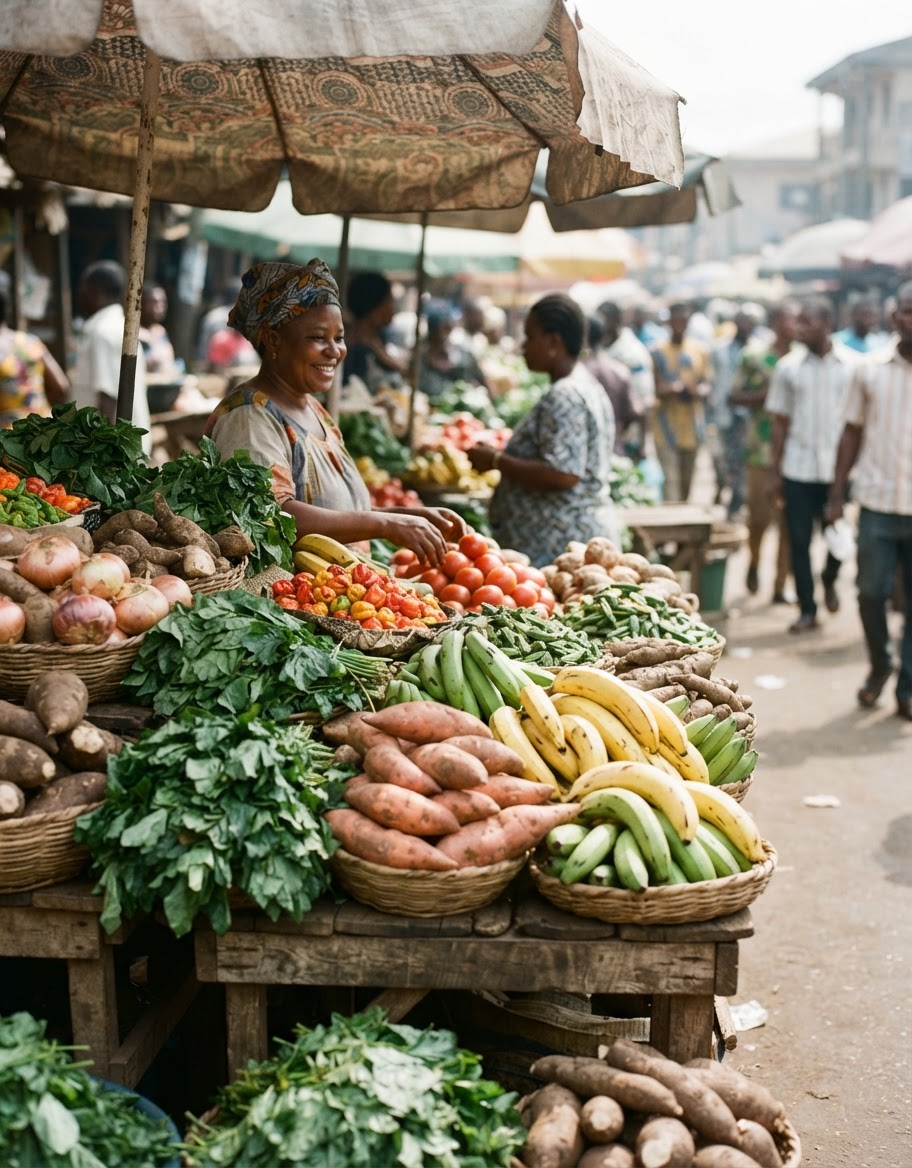 Àwọn ẹ̀fọ́ àti èso tí wọ́n fi ṣe ààyè síta ní ọjà kan ní Áfríkà.