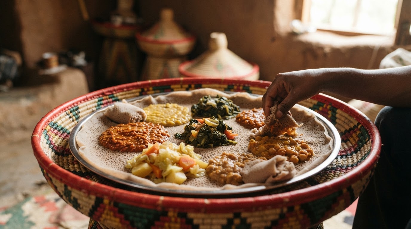በመሶብ ላይ የቀረበ የኢትዮጵያ ባህላዊ ምግብ ኢንጀራ እና ወጥ