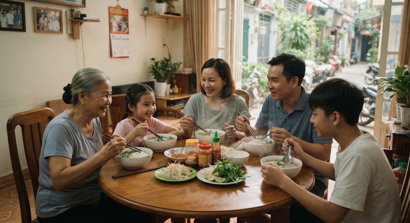 Gia đình Việt Nam quây quần bên mâm cơm truyền thống với món phở nóng hổi.
