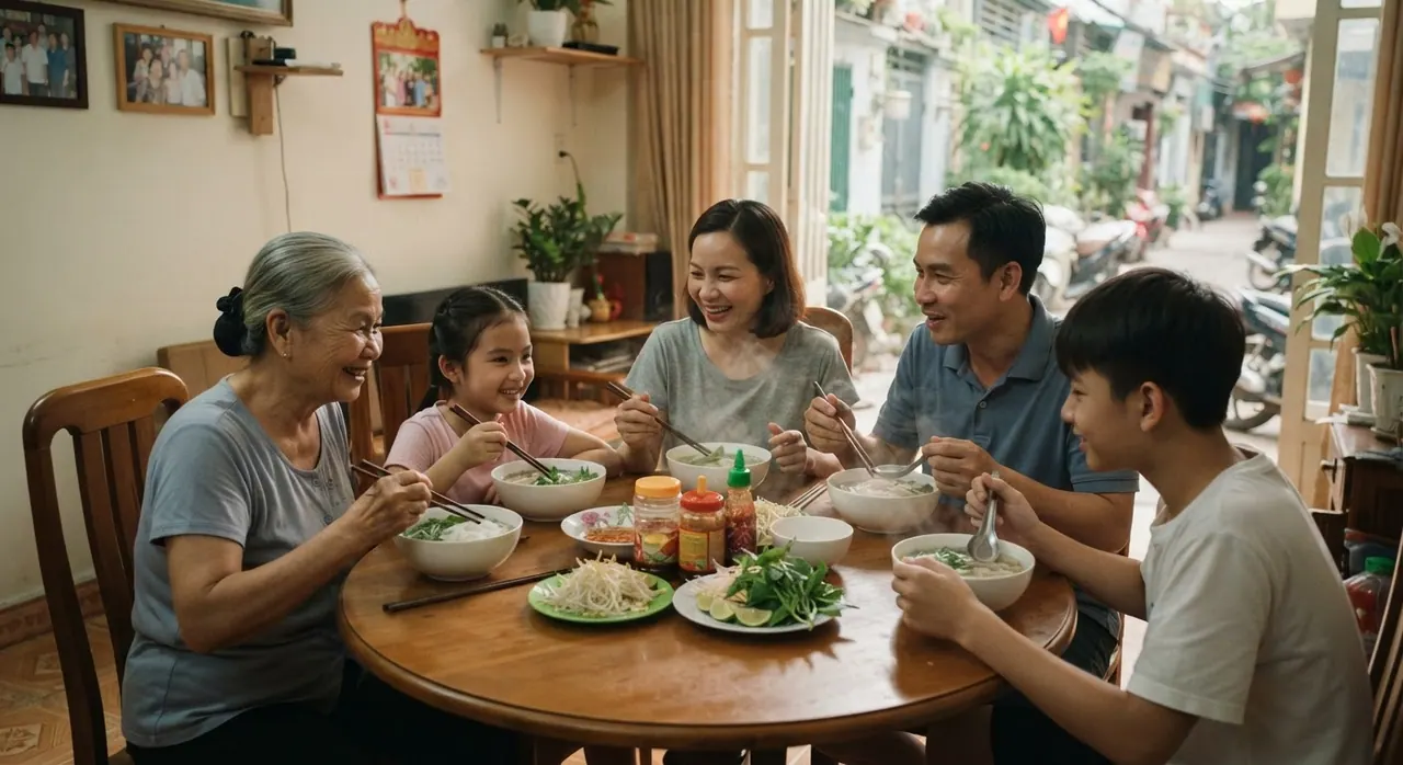 Gia đình Việt Nam quây quần bên mâm cơm truyền thống với món phở nóng hổi.