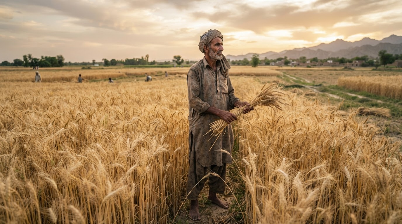 پاکستانی کسان گندم کے کھیت میں
