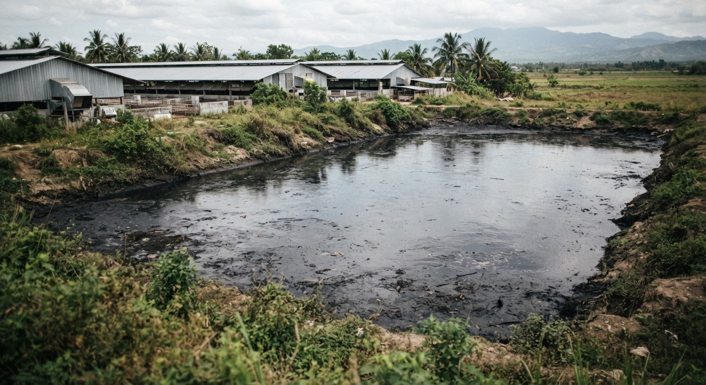 Isang malaking pond ng dumi ng hayop sa isang sakahan sa Pilipinas, naglalabas ng mabahong amoy at maaaring makontamina ang lupa at tubig.