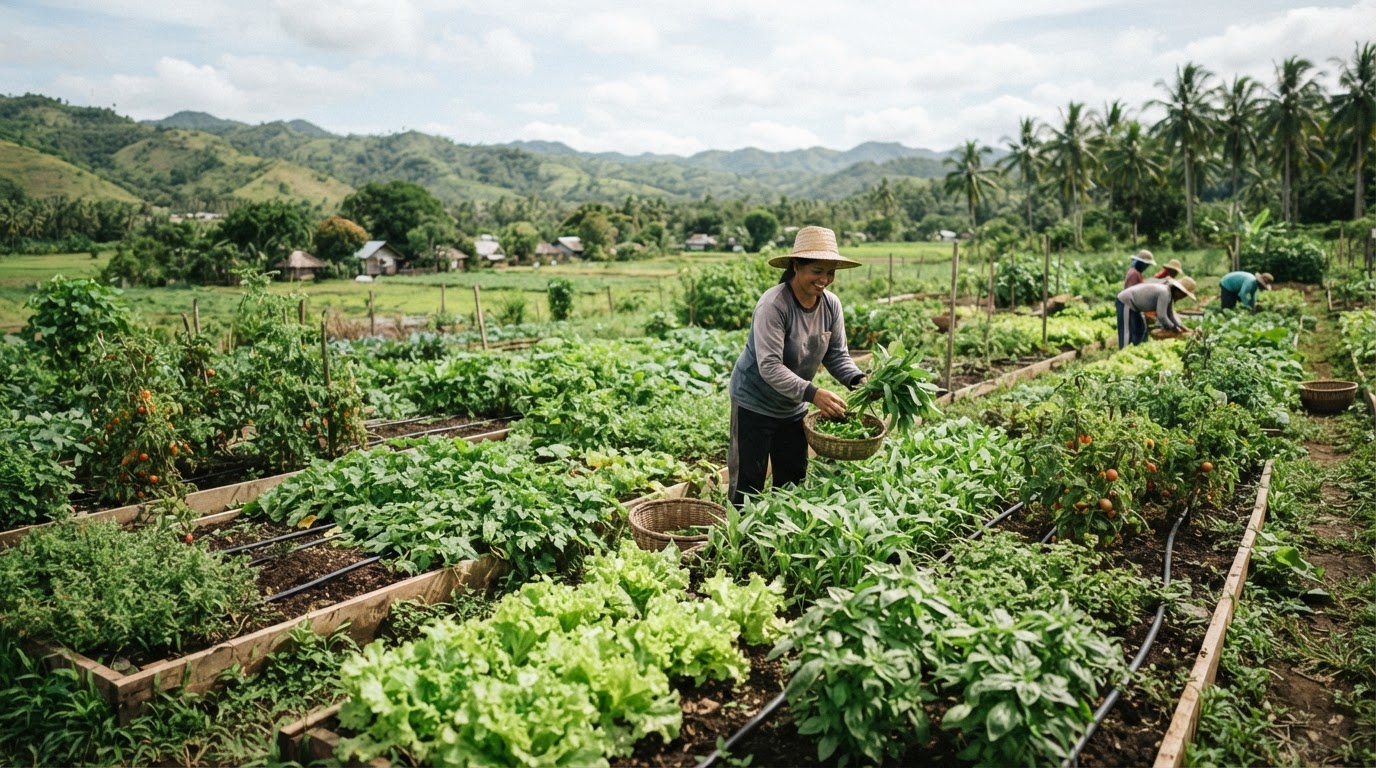 Isang masiglang organikong sakahan ng gulay sa Pilipinas, nagpapakita ng potensyal ng malinis at sustainable na agrikultura.