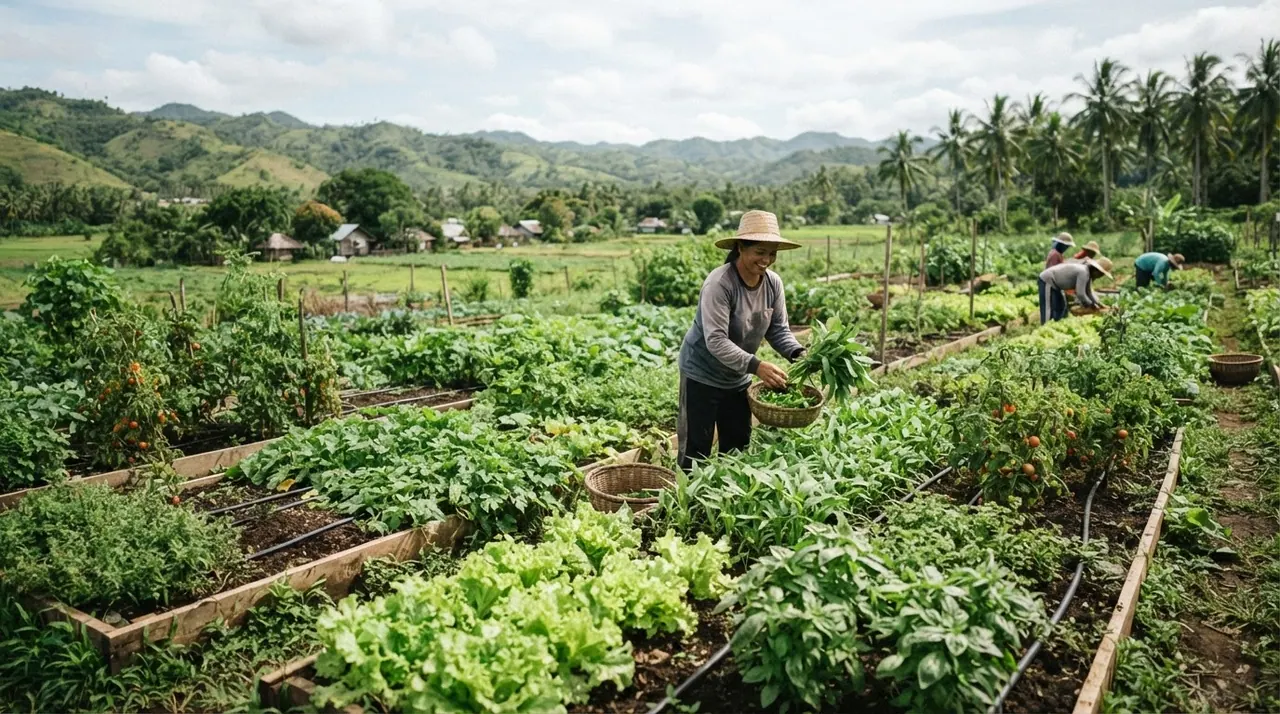 Isang masiglang organikong sakahan ng gulay sa Pilipinas, nagpapakita ng potensyal ng malinis at sustainable na agrikultura.
