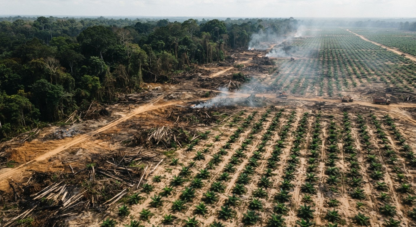 Një pamje ajrore që tregon shkatërrimin e pyllit për krijimin e plantacioneve të vajit të palmës.