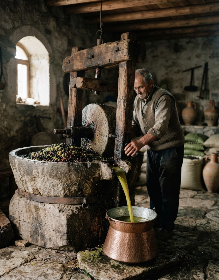 Një shtypëse tradicionale ullinjsh, simbol i prodhimit vendas të vajit të ullirit në Shqipëri.