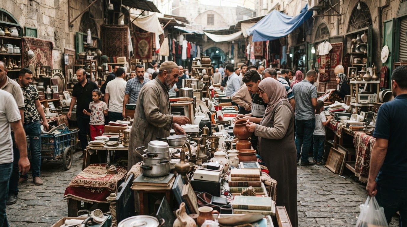 سوق شعبي مكتظ بالباعة والزبائن يعرضون ويشترون بضائع متنوعة مستعملة