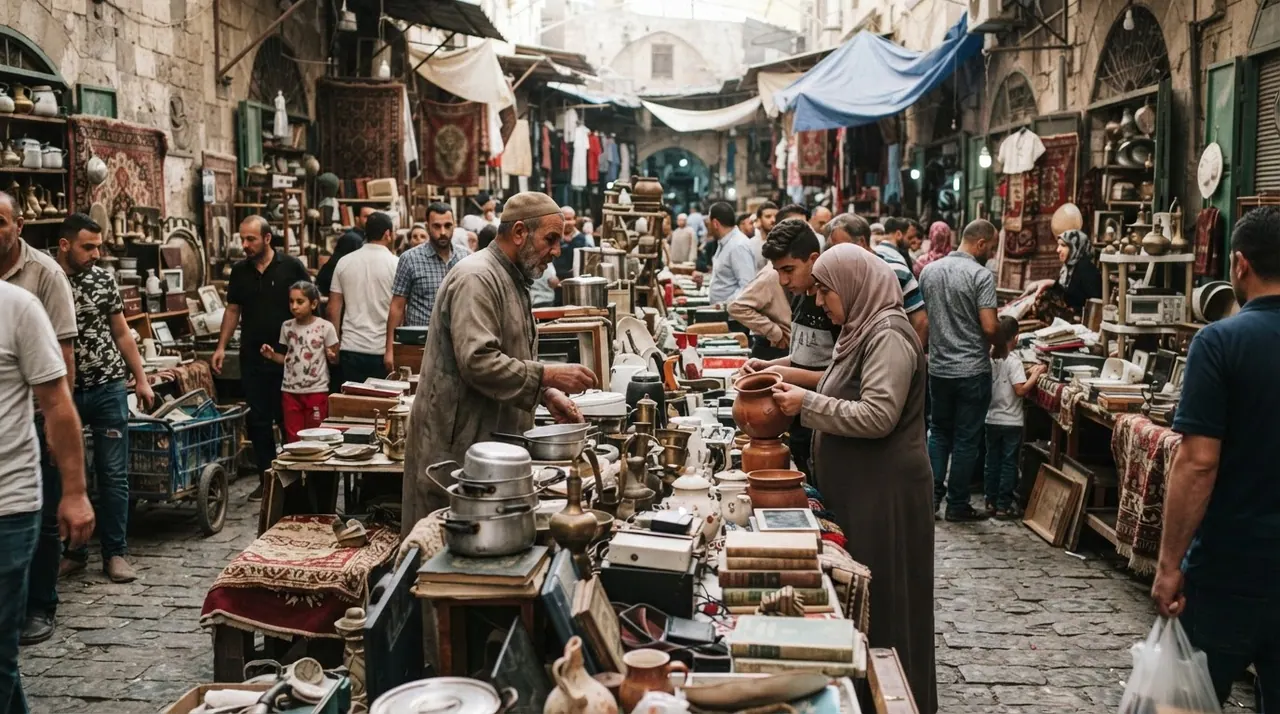 سوق شعبي مكتظ بالباعة والزبائن يعرضون ويشترون بضائع متنوعة مستعملة