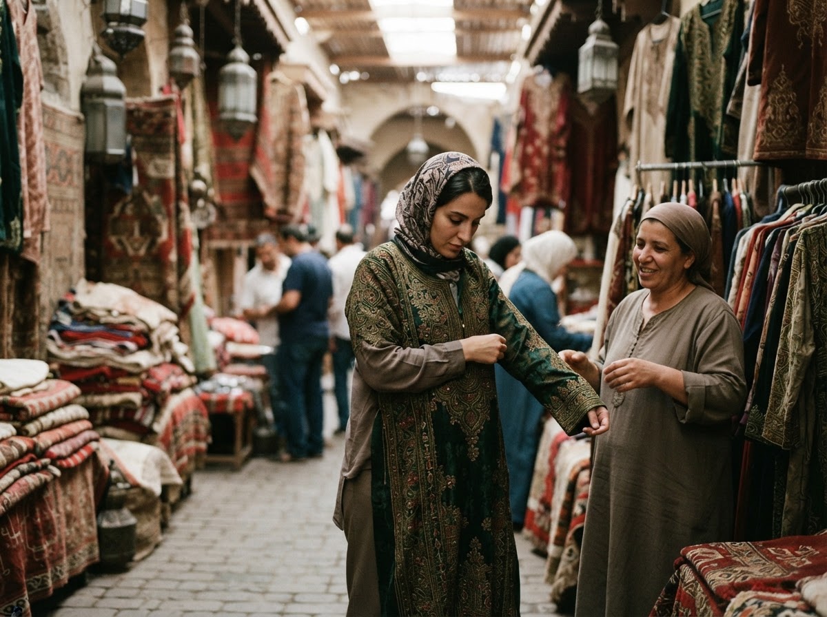 تجربة الملابس قبل الشراء في سوق تقليدي لضمان الملاءمة المثالية.