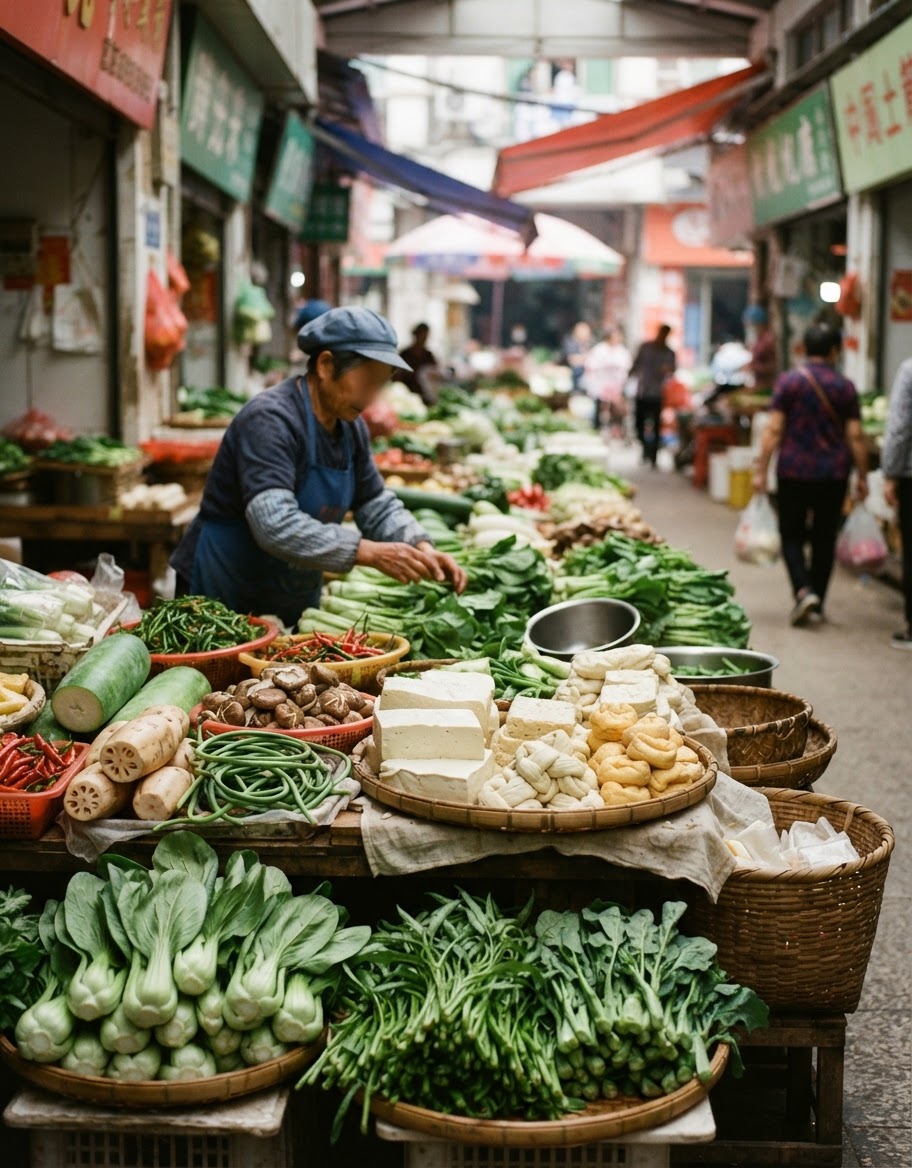传统中国市场里摆满新鲜蔬菜和豆腐的摊位