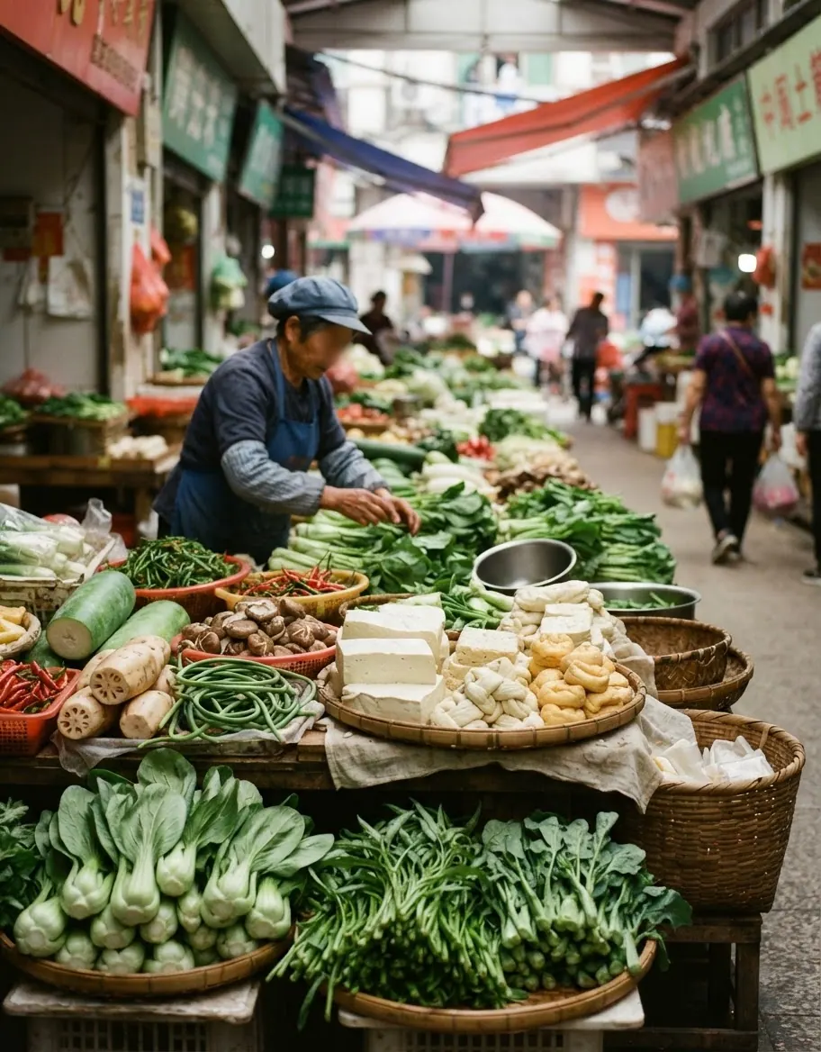 传统中国市场里摆满新鲜蔬菜和豆腐的摊位