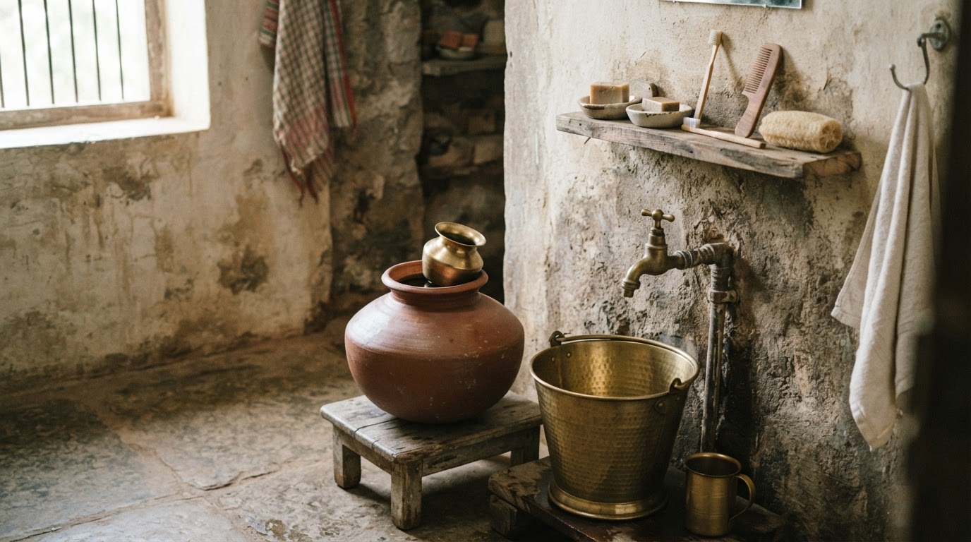 पारंपरिक भारतीय बाथरूम जिसमें मिट्टी के बर्तन और पीतल के फिक्स्चर हैं