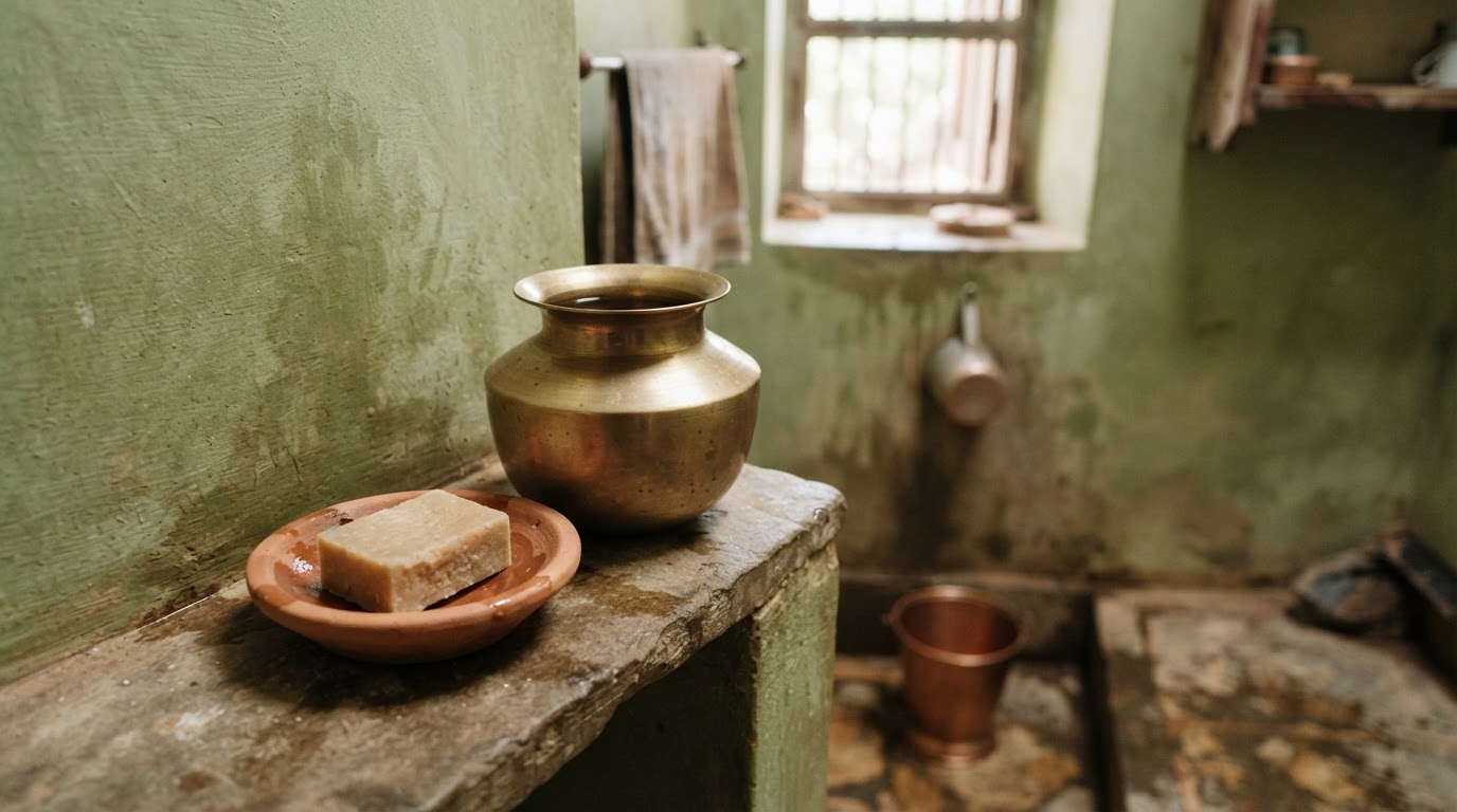 पीतल का लोटा और मिट्टी का साबुनदानी, पारंपरिक भारतीय बाथरूम की पहचान।