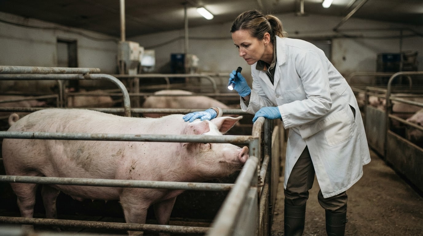 A person in a white coat inspects a farm animal in a pen, looking at its condition.