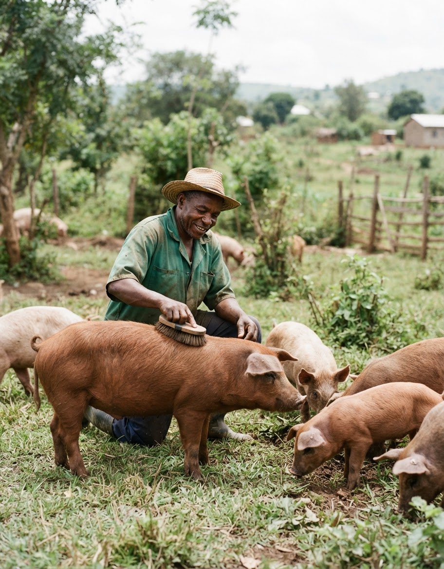 Mkulima wa Kitanzania akitunza nguruwe katika shamba huru