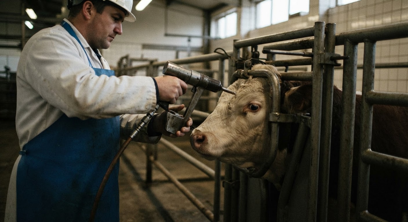 A captive bolt stunner is a common method used to render cattle unconscious before slaughter, intended to minimise pain and distress.