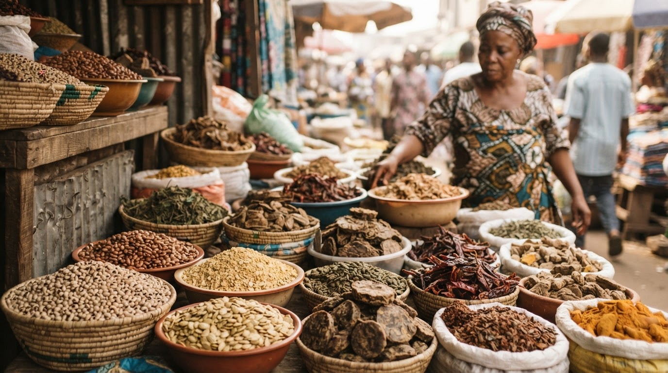 Awoṣe kan ti awọn irugbin gbigbẹ ati awọn turari ni ọja Naijiria
