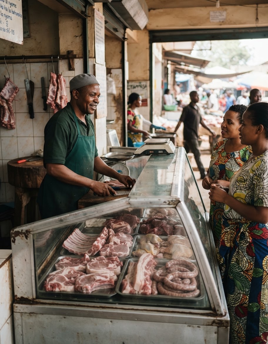 Duka la nyama mjini Arusha, Tanzania, likionyesha bidhaa za nguruwe.