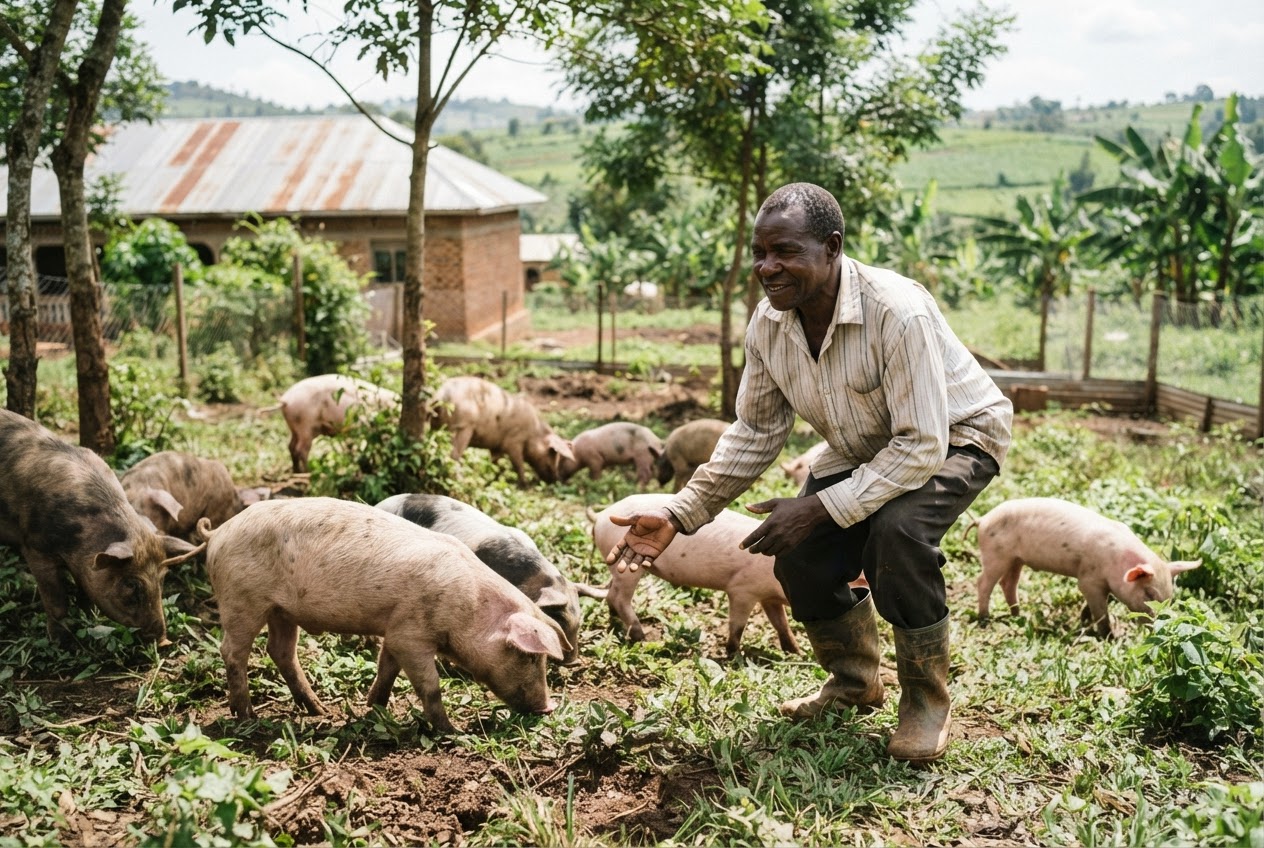 Mkulima wa Uganda akionyesha nguruwe wanaofugwa huru kwenye shamba lake.