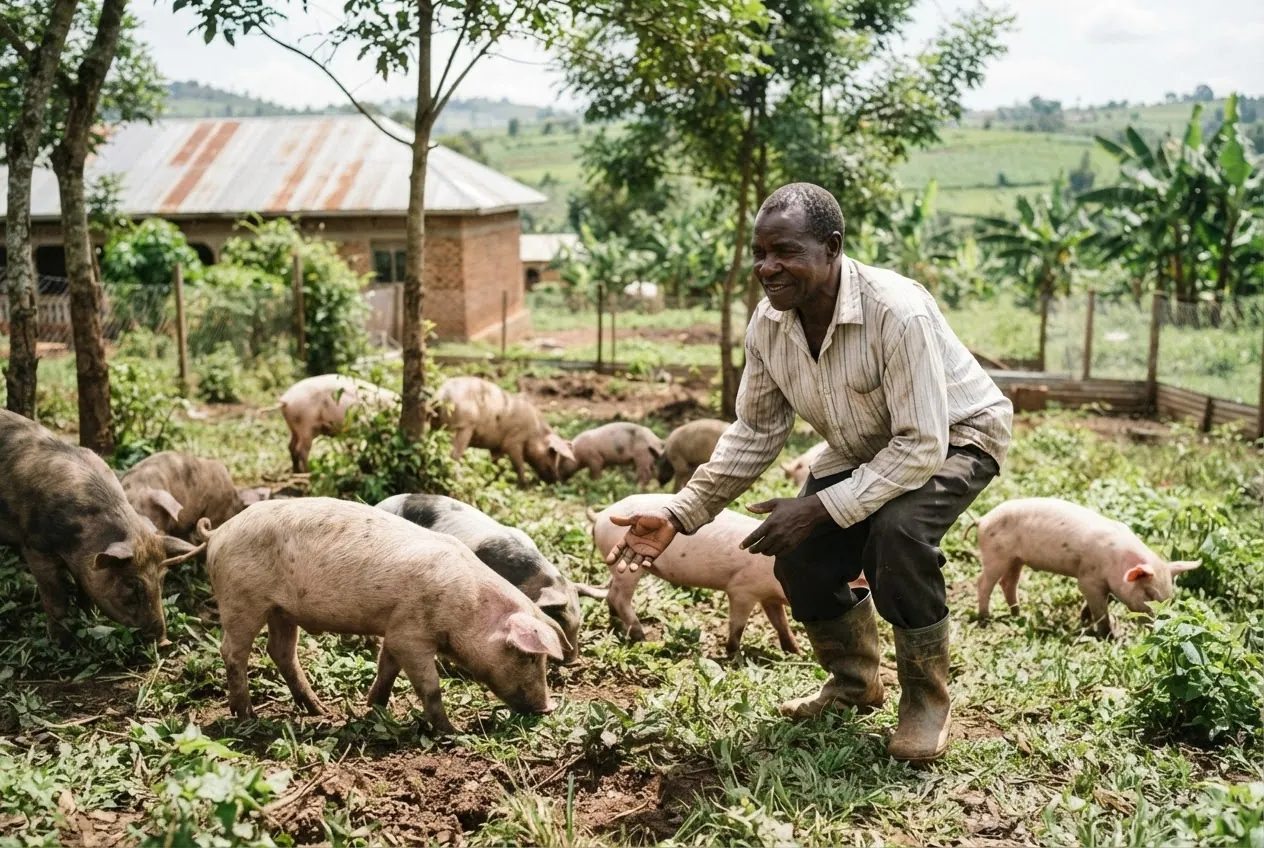 Mkulima wa Uganda akionyesha nguruwe wanaofugwa huru kwenye shamba lake.