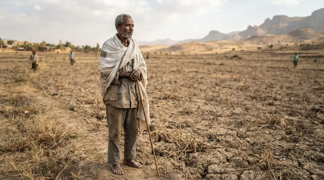 የኢትዮጵያ ገበሬ ደረቅ መሬትን የሚመለከት