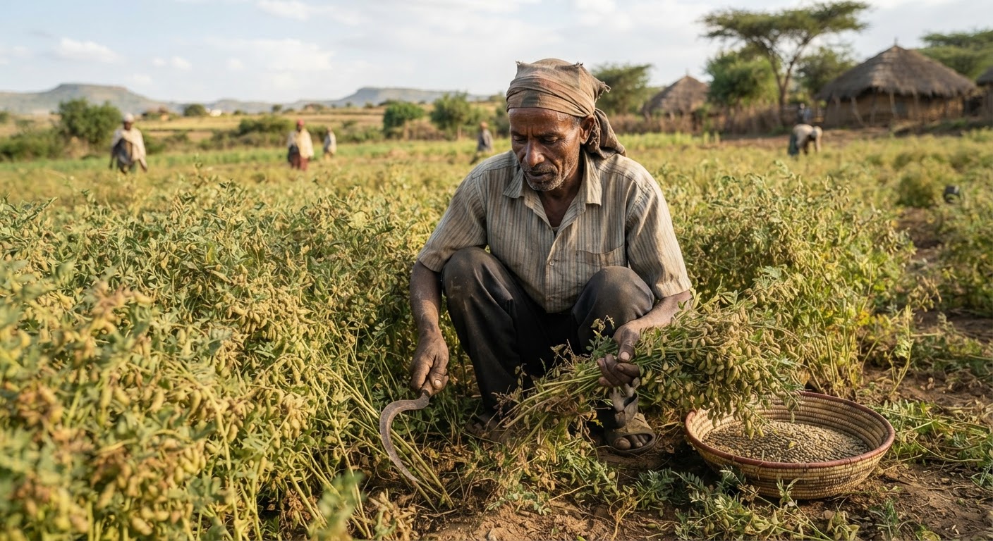 የኢትዮጵያ ገበሬ ምስር ሲሰበስብ የሚያሳይ ምስል። የውል እርሻ ለእንደዚህ አይነት ሰብሎች መረጋጋት ሊሰጥ ይችላል።