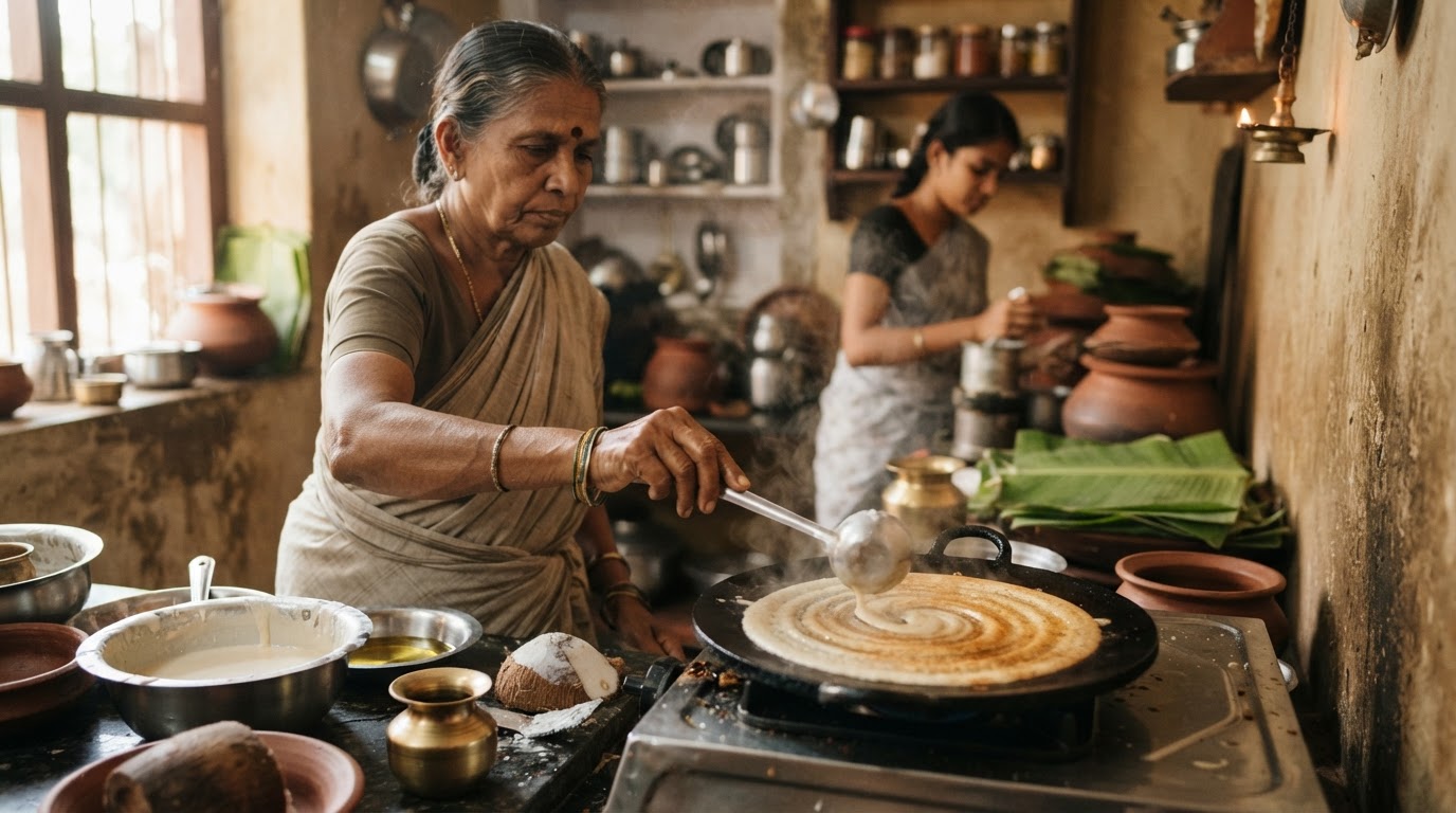 பாரம்பரிய தென்னிந்திய சமையலறையில் தோசை தயாரித்தல்