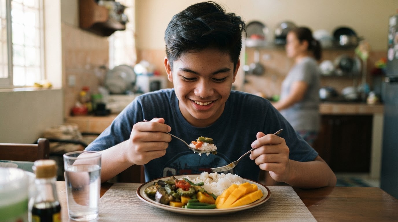 Isang teenager na Pilipino na kumakain ng kanin na may gulay