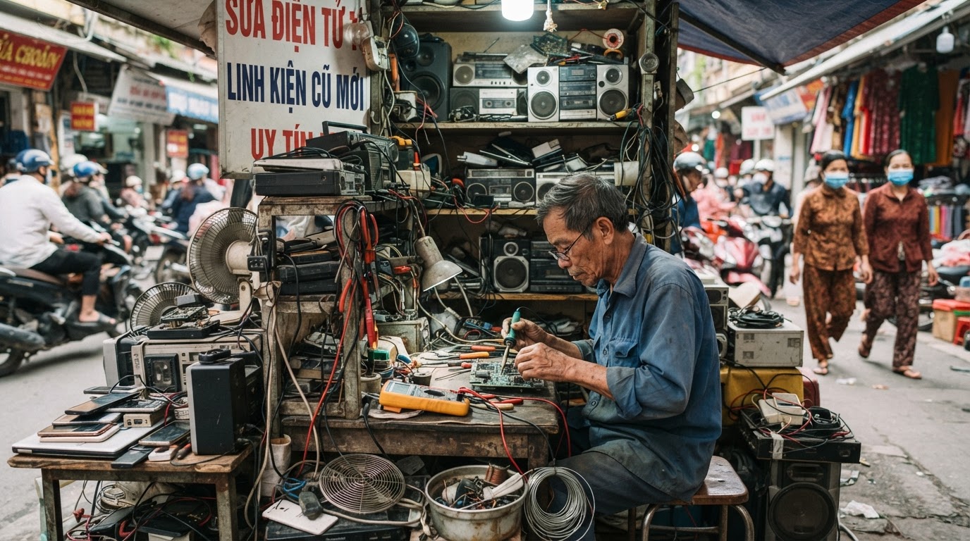 Một quầy sửa chữa đồ điện tử cũ tại chợ truyền thống Việt Nam.